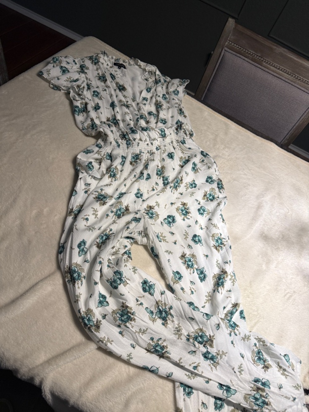 1.STATE White Top with Teal and Olive Floral Print